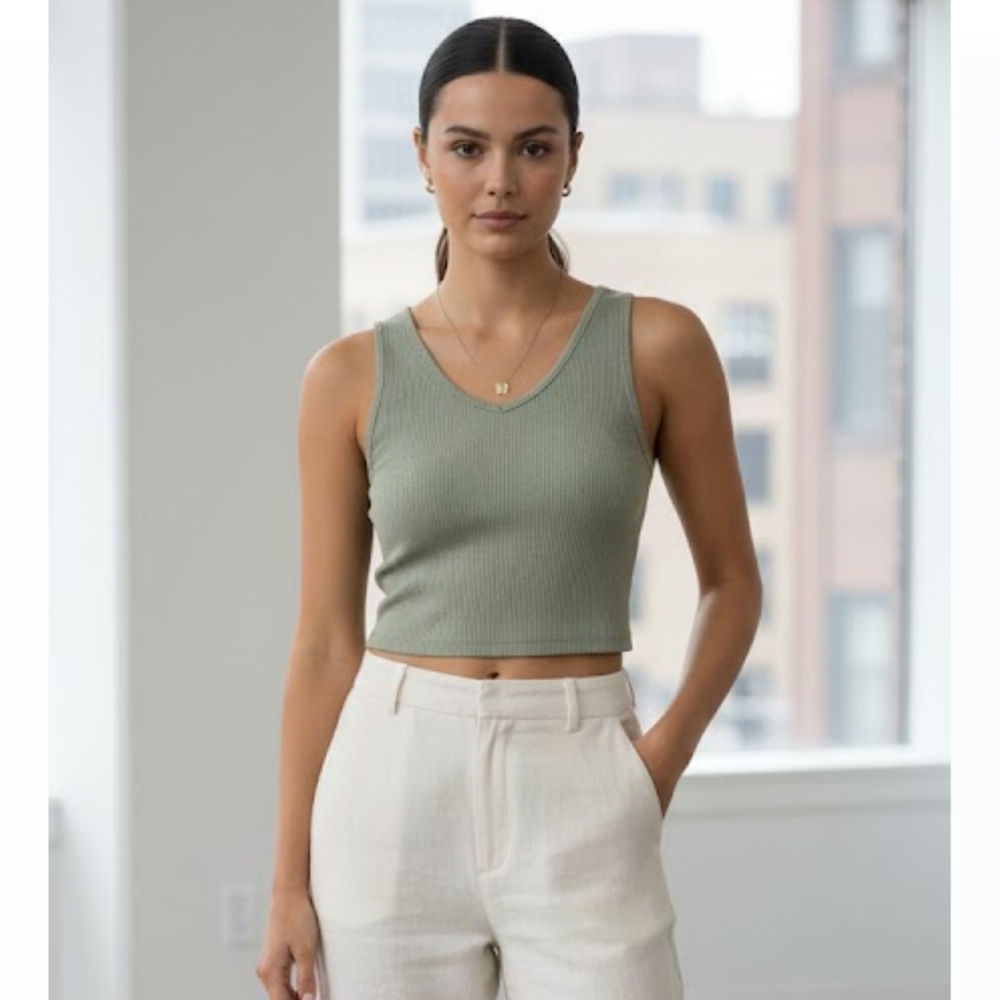 Sage Green Ribbed V-Neck Stretchy Crop Top SZ XS/S